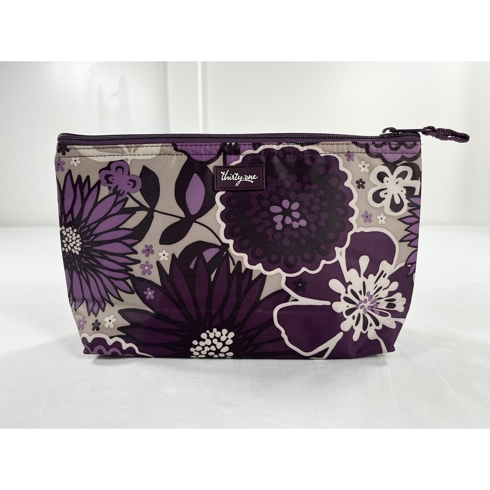 Thirty-One Thermal Cosmetic Bag Plum Awesome Blossom Purple Floral Makeup Pouch